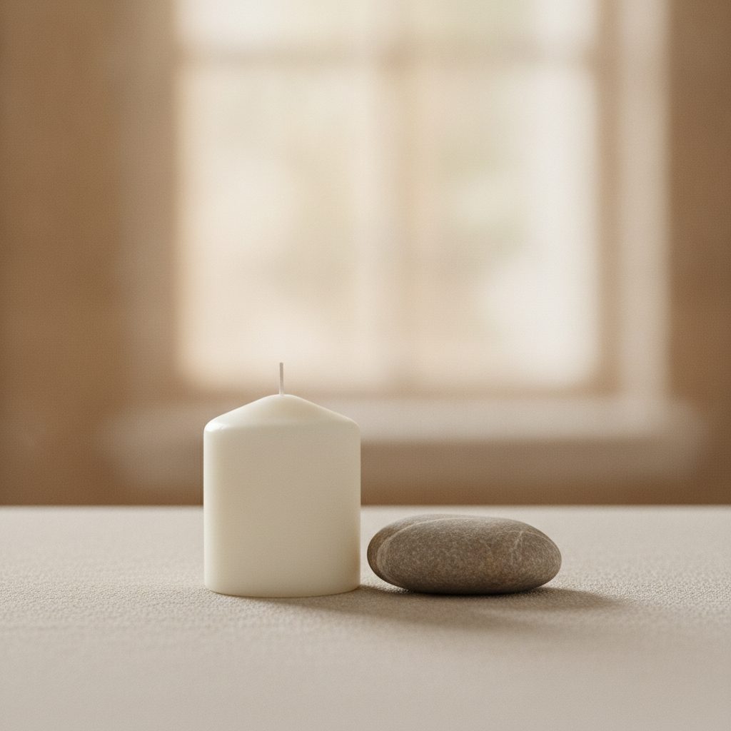 A white candle and smooth stone on a quiet neutral surface